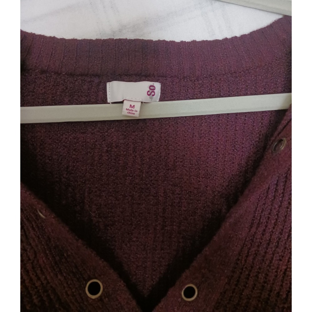 Oversized Tunic Sweater Burgundy Dark Red Lace-Up V-Neck Rib Knit Grommet Size M - Picture 2 of 2